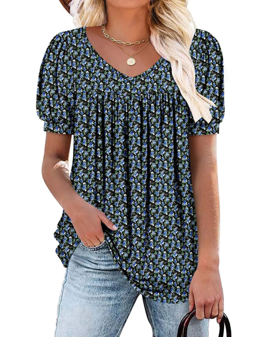 ROSELINLIN Womens Ruffle Sleeve Tunic Tops V Neck Loose Fit Short Sleeve Summer Shirts Small Puffed Blue Green